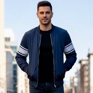 NEW Lon NYC Bomber Jacket‎ Men Large Zipper Pockets Stripes Navy Blue White